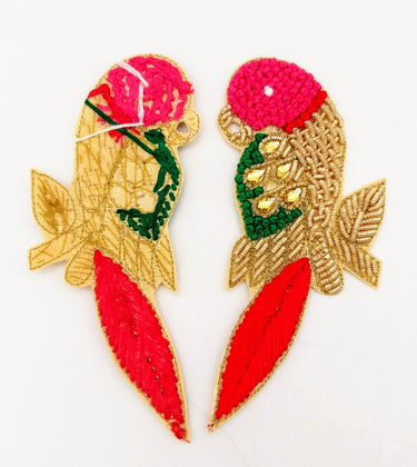 Hand Embroidered Bird Applique With Pink and Red Embroidery With Antique Gold Zardozi Work, Parrot Applique, Knot Embroidered Applique